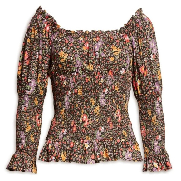 ByTiMo Tuckernuck Floral Smocked Blouse in Bright Field Black Multi Size Small - Picture 1 of 10